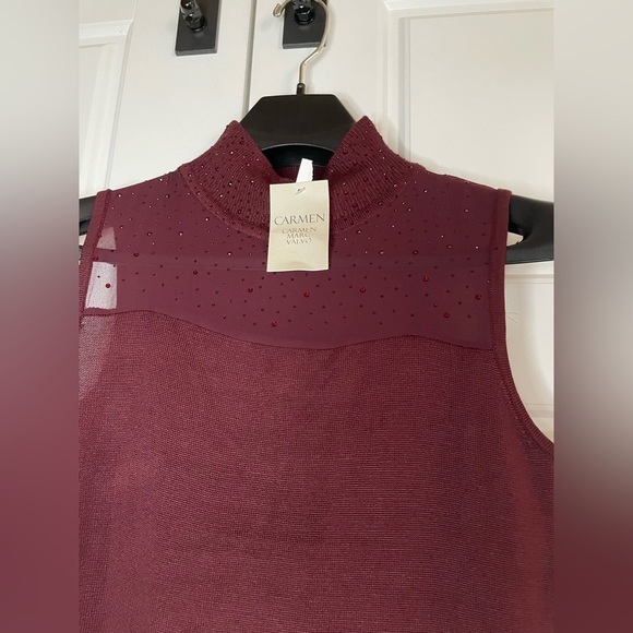 Carmen Marc Valvo Burgundy mock jeweled turtleneck sheer sleeveless top small - Picture 2 of 5